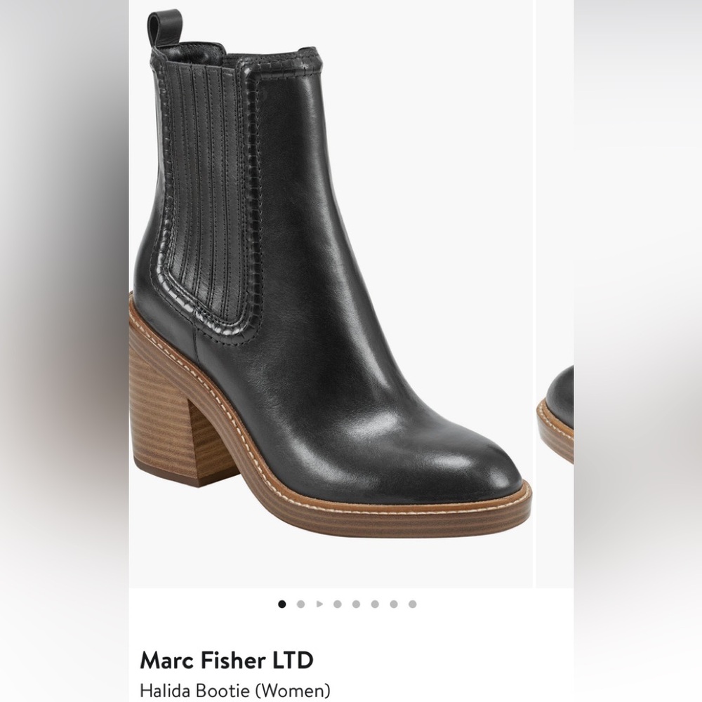 Marc Fisher Black Leather Chelsea Booties with Stacked Brown Heel